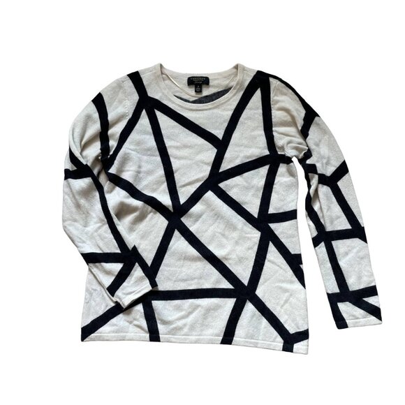 Charter Club Women's Cashmere Knit Sweater Pullover Geometric Cream Black Small - Picture 1 of 8